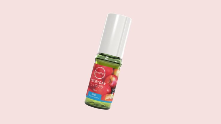 iBreathe Apple 10ml e-liquid bottle, tilted, on a light background