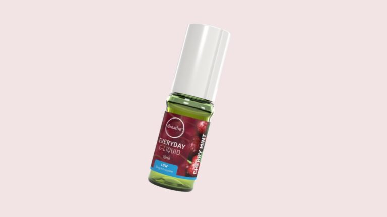 iBreathe Cherry Mint 10ml e-liquid bottle, tilted, on a light background