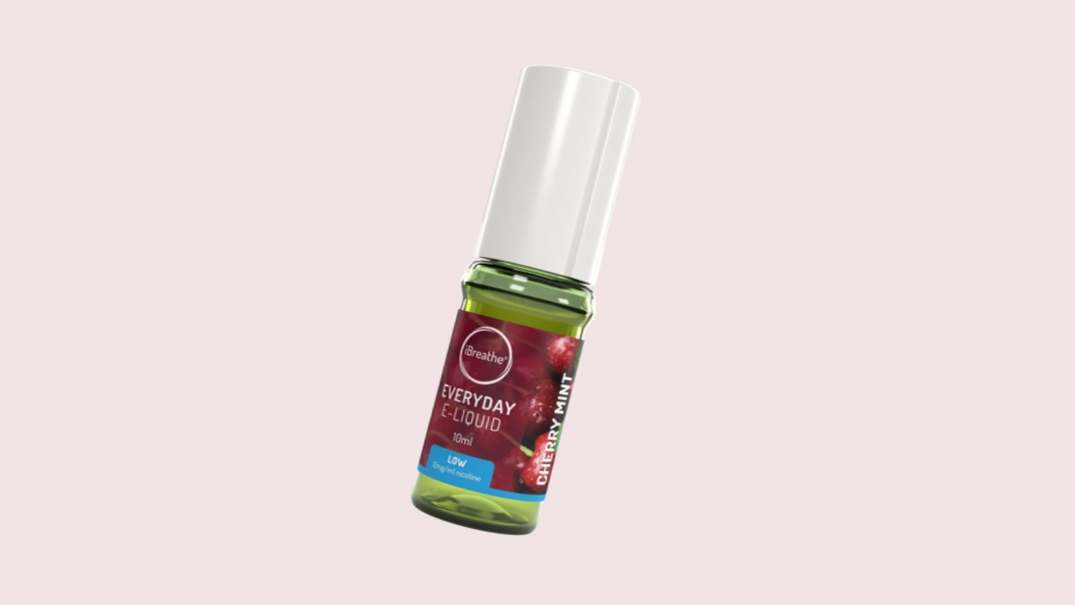 iBreathe Cherry Mint 10ml e-liquid bottle, tilted, on a light background