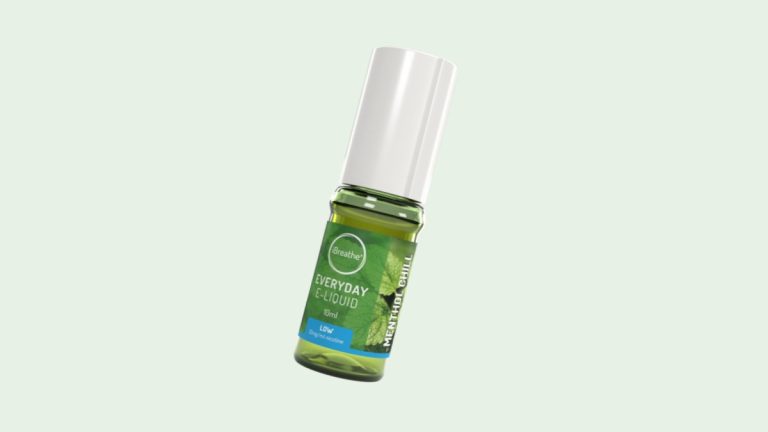 iBreathe Menthol Chill 10ml e-liquid bottle, tilted, on a light background