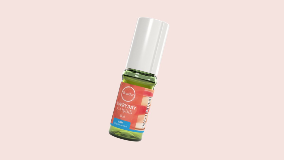iBreathe Peach Punch 10ml e-liquid bottle, tilted, on a light background