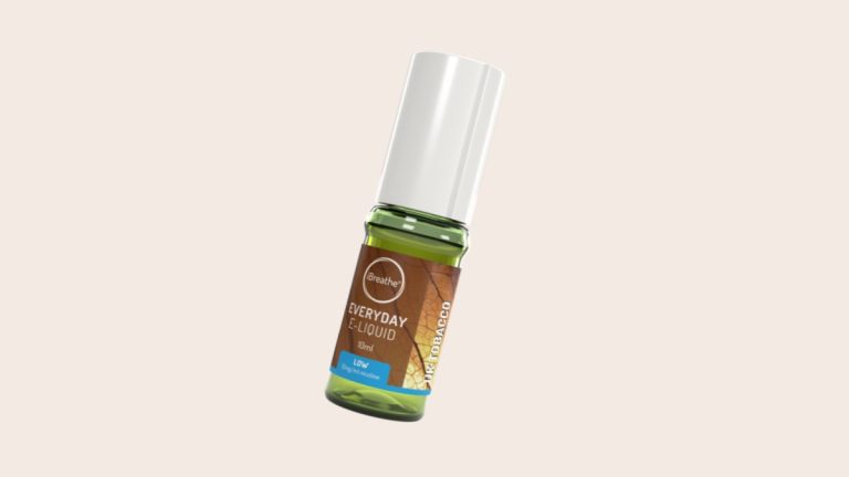 iBreathe UK Tobacco 10ml e-liquid bottle, tilted, on a light background