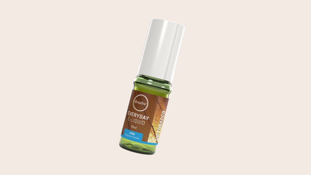 iBreathe UK Tobacco 10ml e-liquid bottle, tilted, on a light background